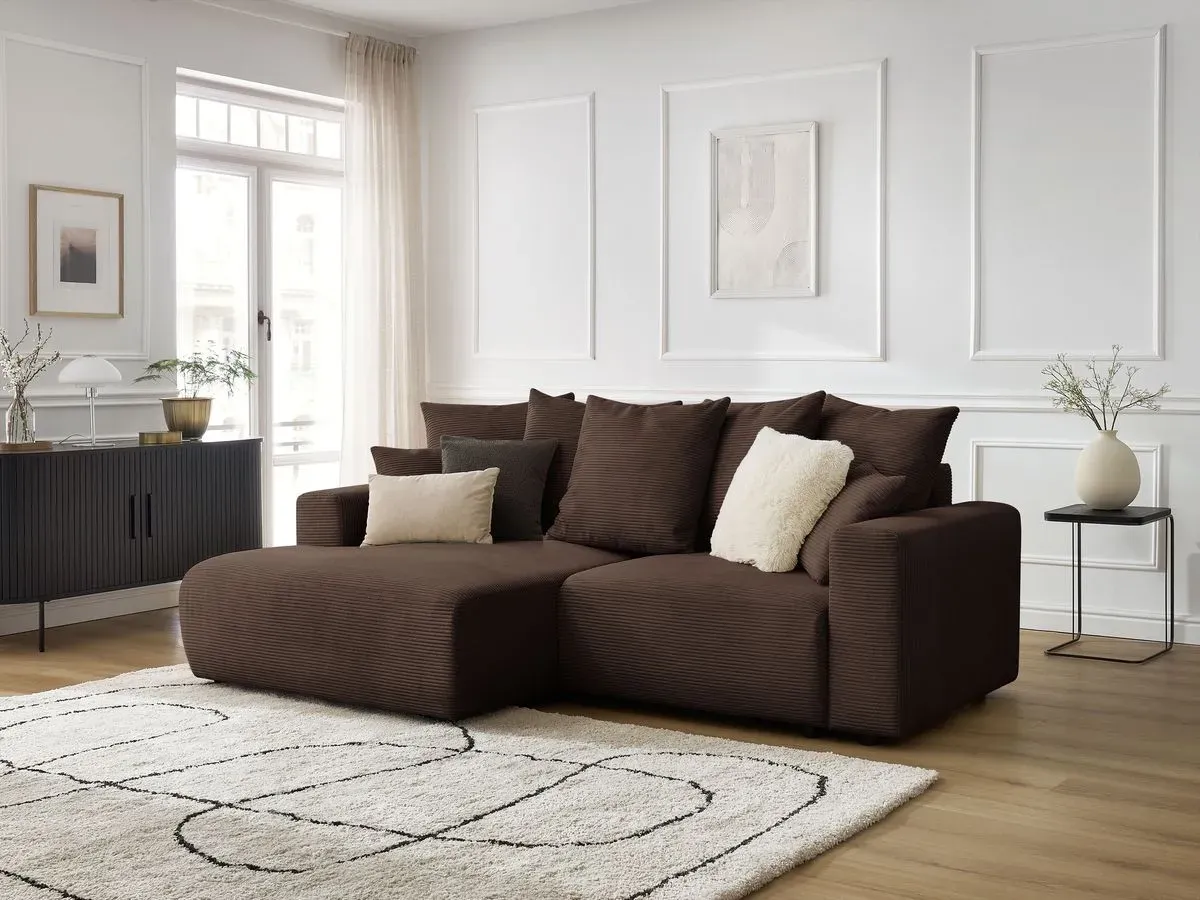 Canapé d'angle convertible coffre ATILLA velours côtelé marron  angle gauche BOBOCHIC 3 places