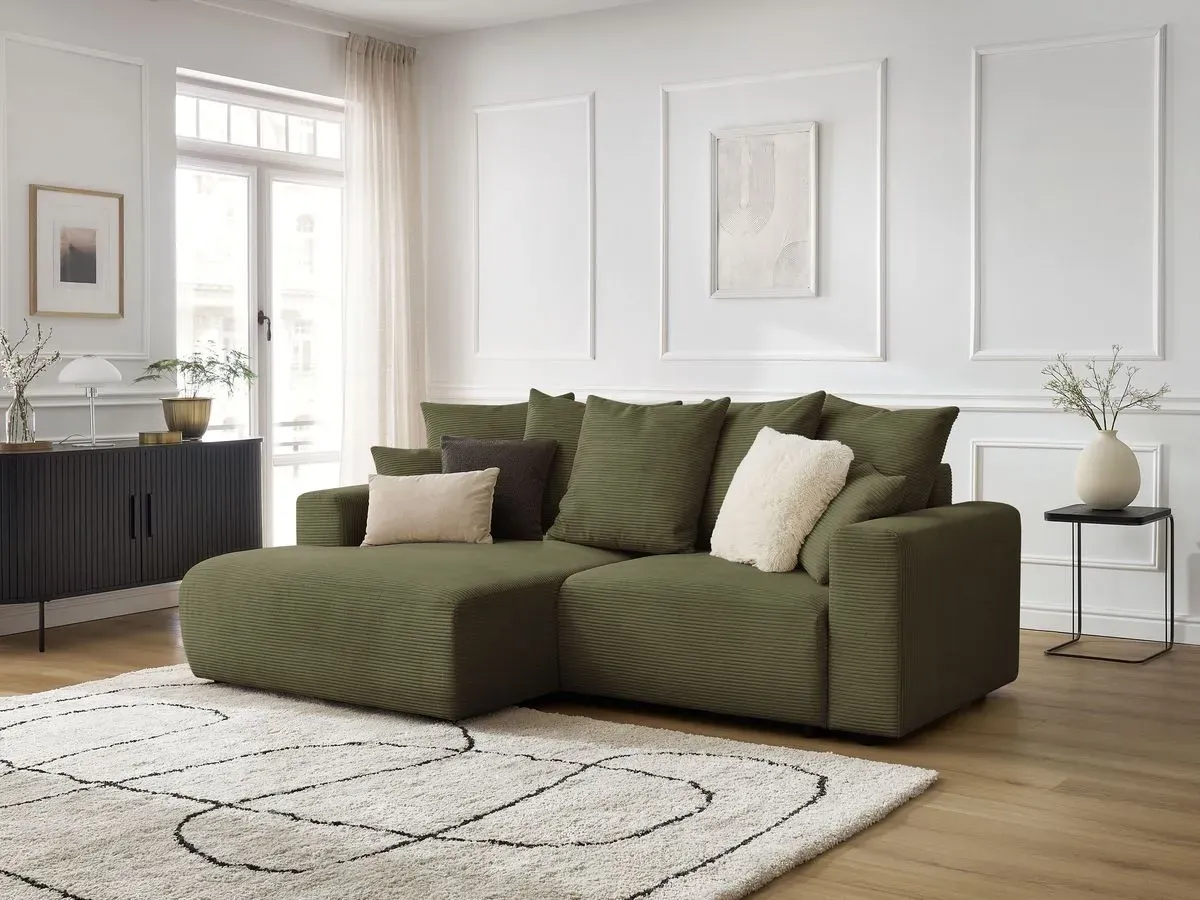 Canapé d'angle convertible coffre ATILLA velours côtelé vert clair  angle gauche BOBOCHIC 3 places