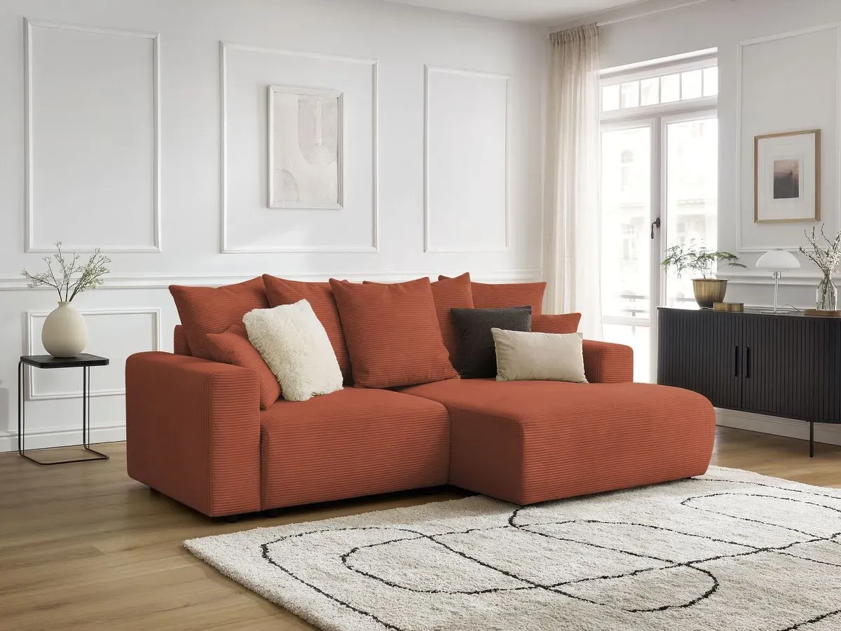 Canapé d'angle convertible coffre ATILLA velours côtelé orange  angle droit BOBOCHIC 3 places