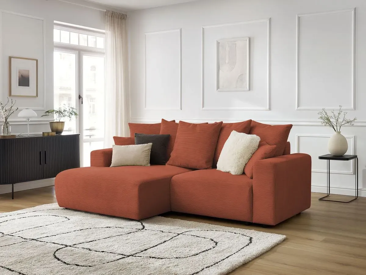 Canapé d'angle convertible coffre ATILLA velours côtelé orange  angle gauche BOBOCHIC 3 places