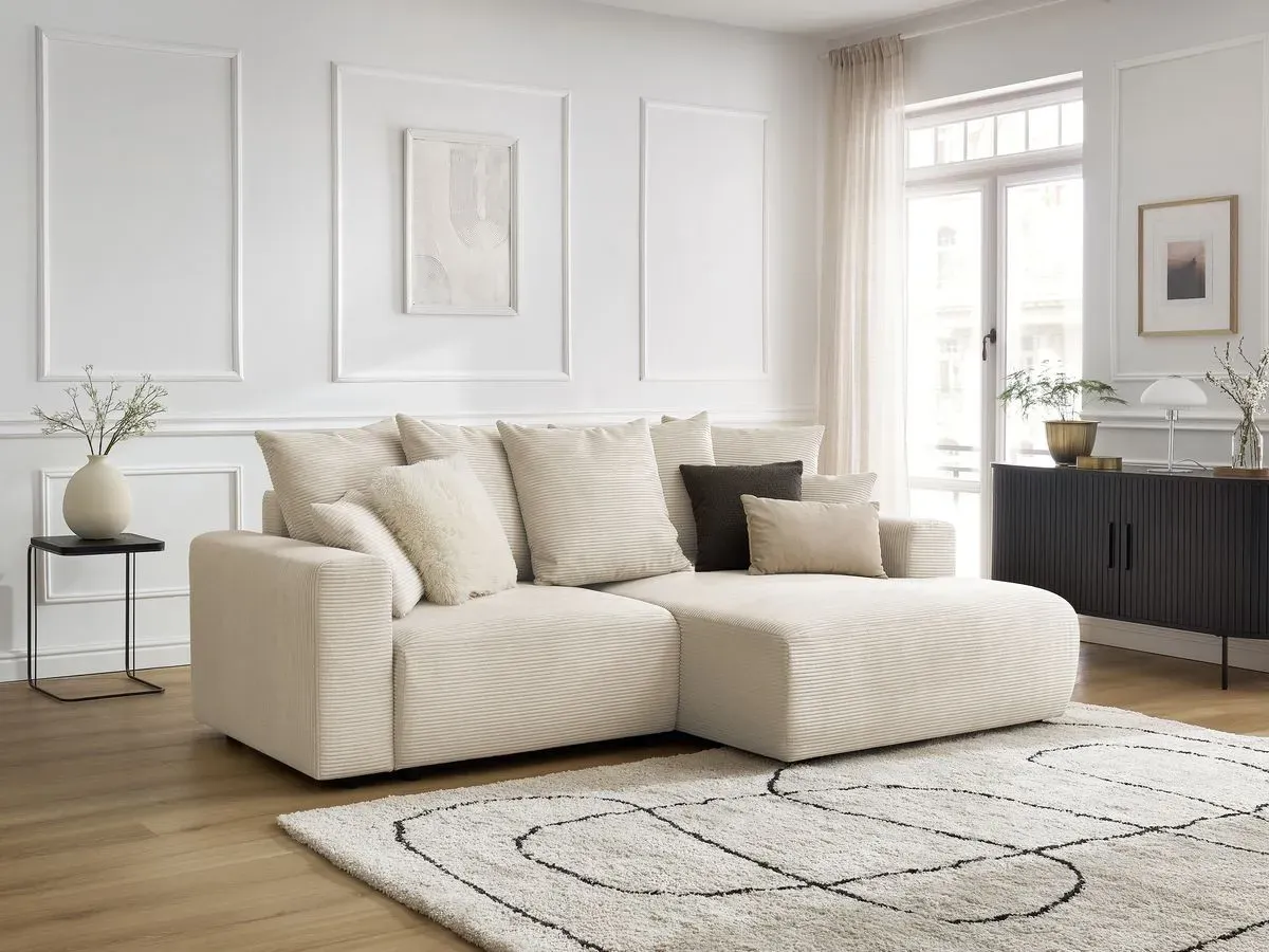 Canapé d'angle convertible coffre ATILLA velours côtelé beige  angle droit BOBOCHIC 3 places