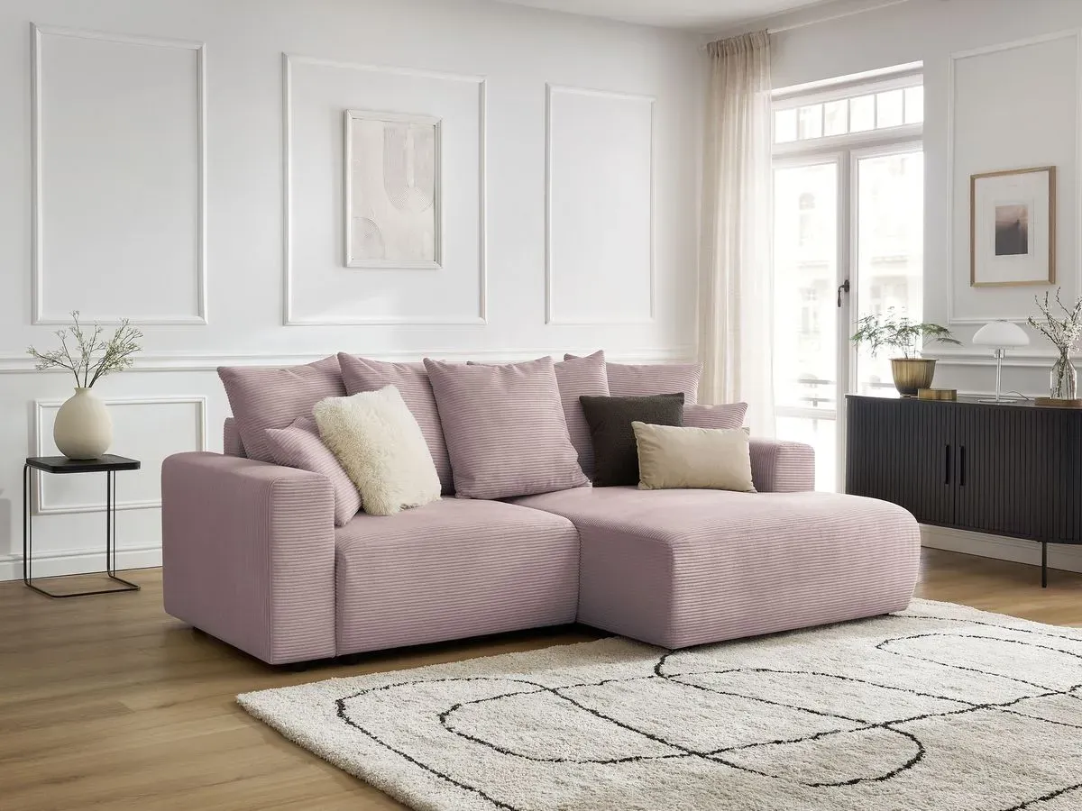 Canapé d'angle convertible coffre ATILLA velours côtelé violet  angle droit BOBOCHIC 3 places