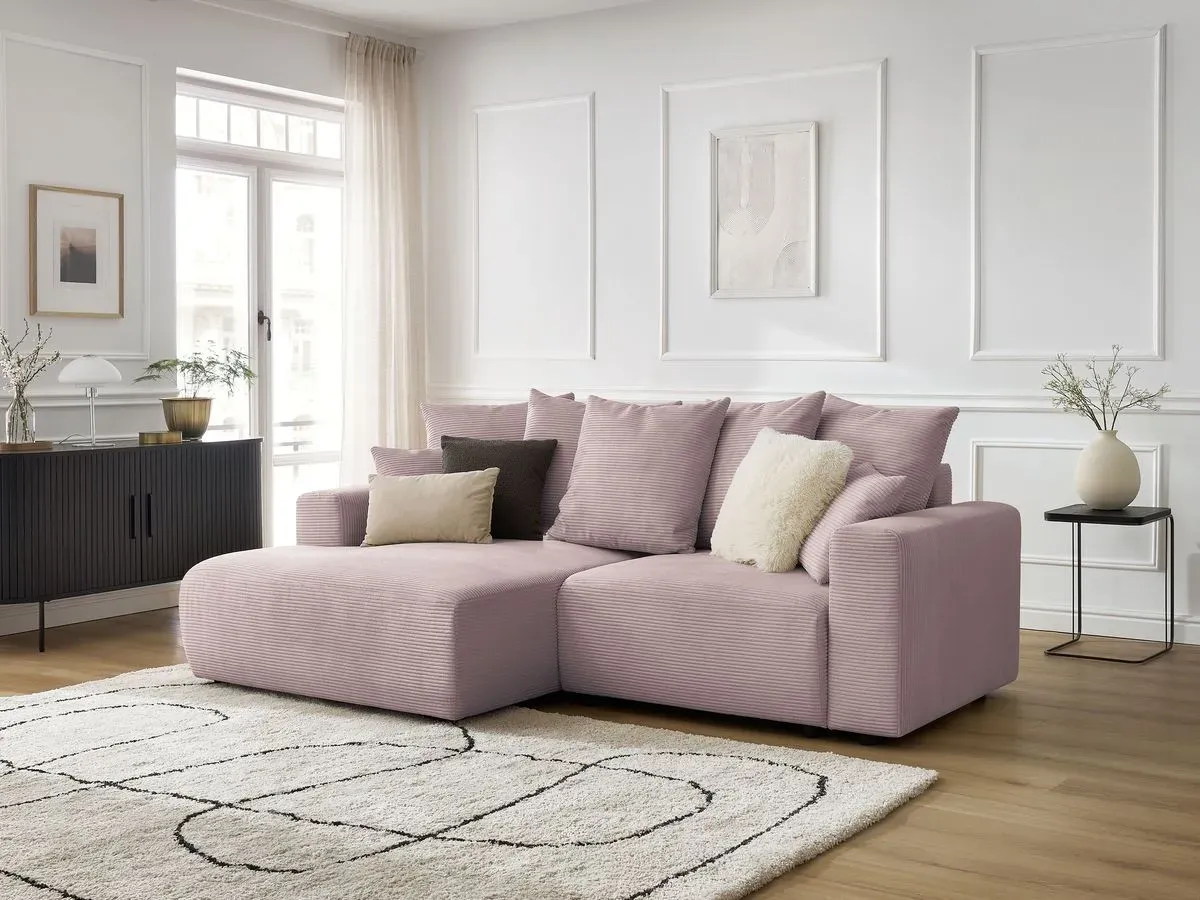 Canapé d'angle convertible coffre ATILLA velours côtelé violet  angle gauche BOBOCHIC 3 places