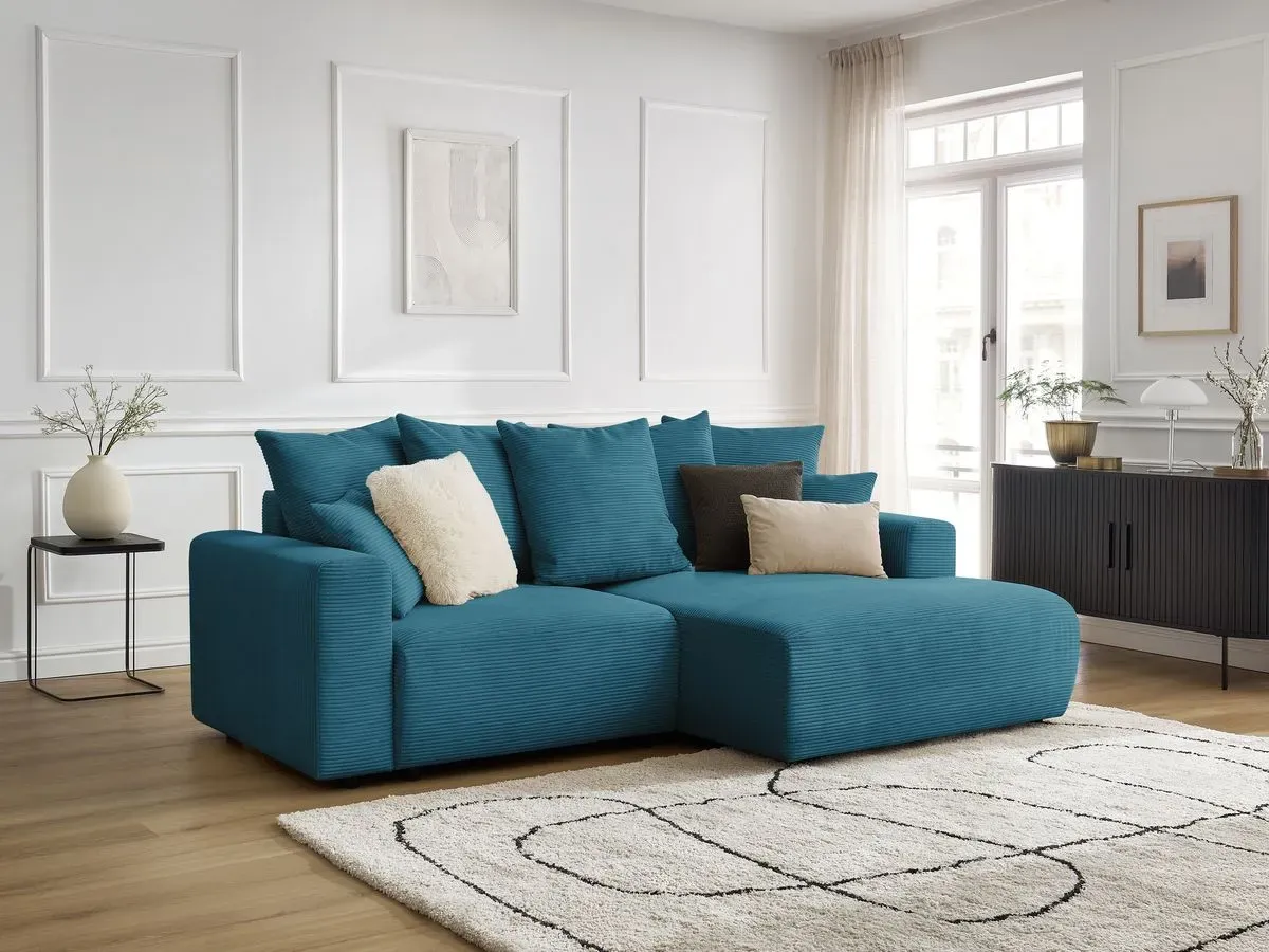 Canapé d'angle convertible coffre ATILLA velours côtelé bleu clair  angle droit BOBOCHIC 3 places