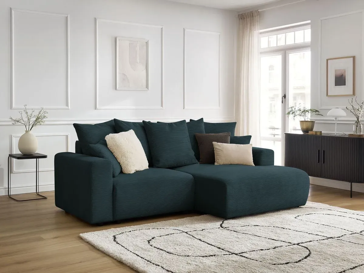 Canapé d'angle convertible coffre ATILLA velours côtelé bleu foncé  angle droit BOBOCHIC 3 places