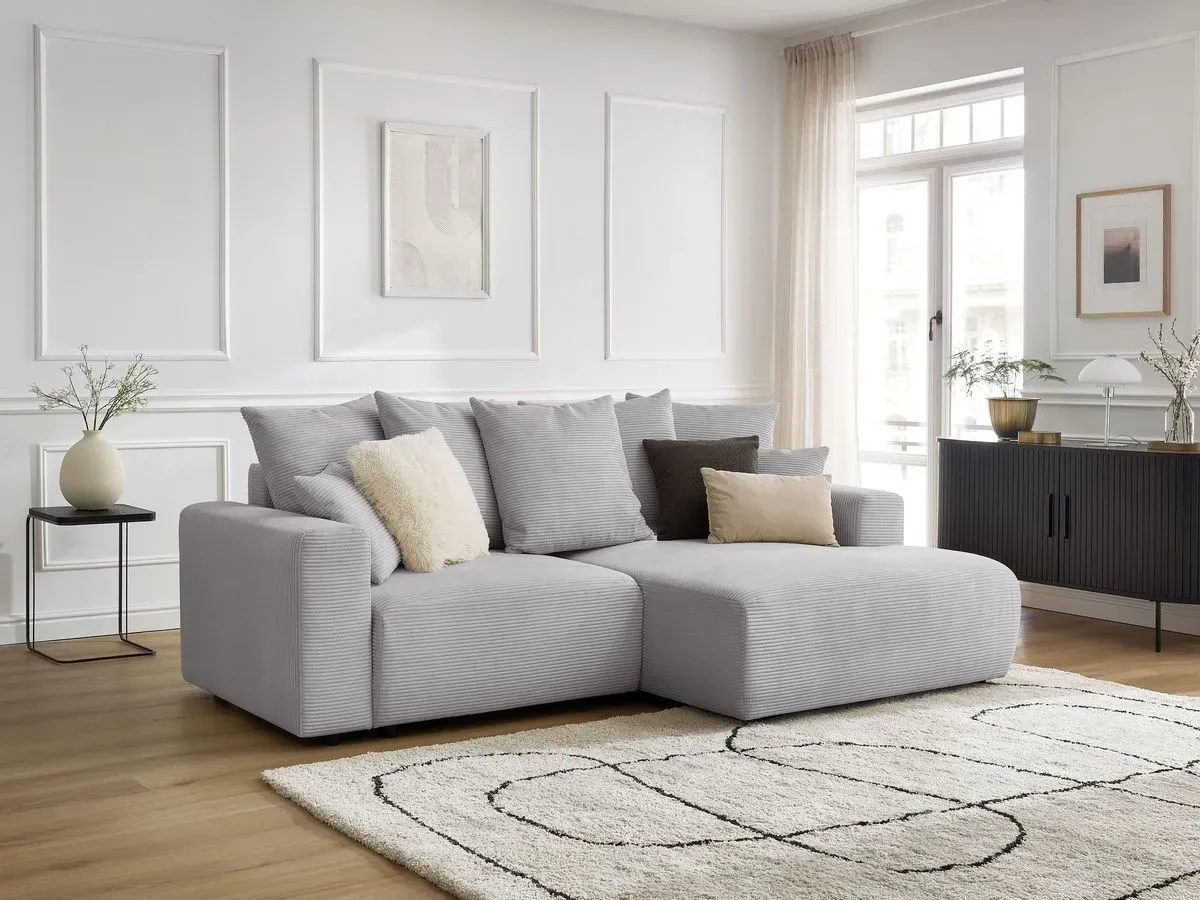 Canapé d'angle convertible coffre ATILLA velours côtelé gris clair  angle droit BOBOCHIC 3 places