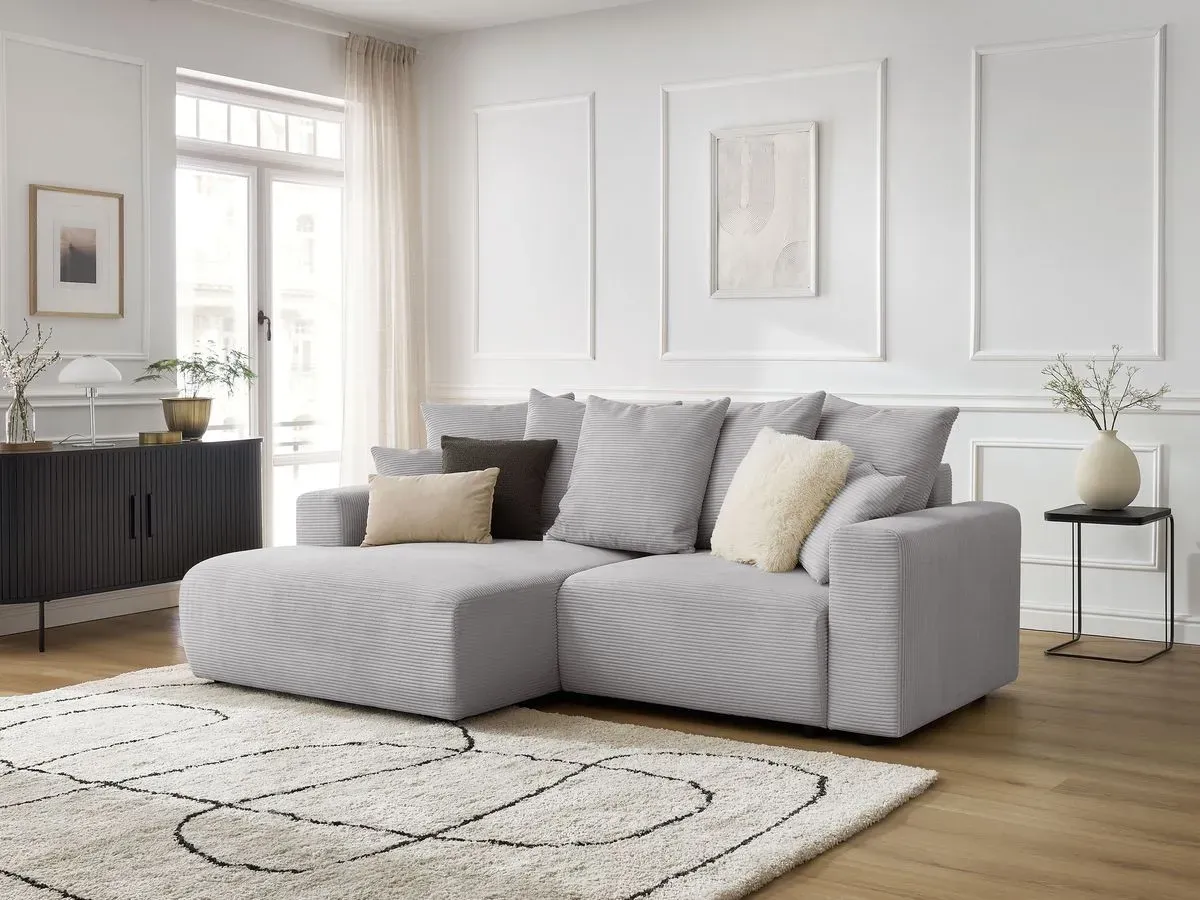Canapé d'angle convertible coffre ATILLA velours côtelé gris clair  angle gauche BOBOCHIC 3 places