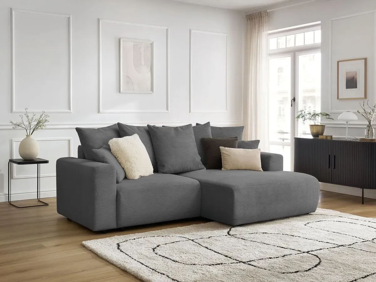 Canapé d'angle convertible coffre ATILLA velours côtelé gris foncé  angle droit BOBOCHIC 3 places