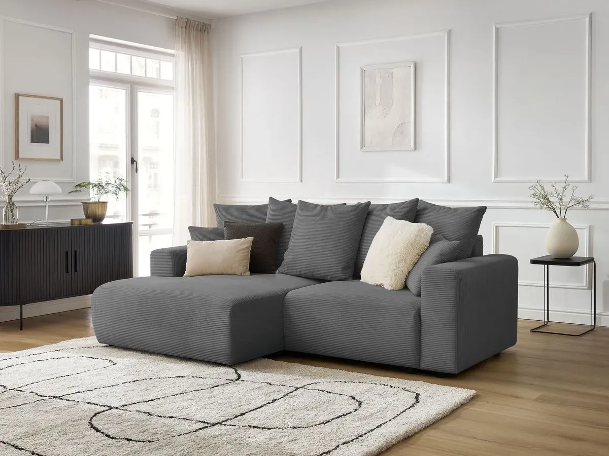 Canapé d'angle convertible coffre ATILLA velours côtelé gris foncé  angle gauche BOBOCHIC 3 places