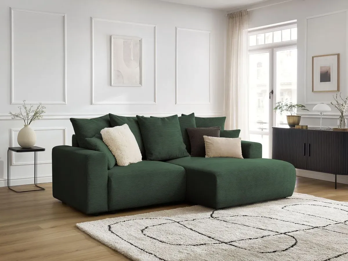 Canapé d'angle convertible coffre ATILLA velours côtelé vert foncé  angle droit BOBOCHIC 3 places