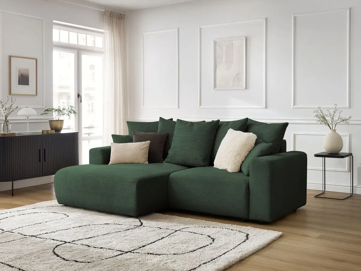 Canapé d'angle convertible coffre ATILLA velours côtelé vert foncé  angle gauche BOBOCHIC 3 places