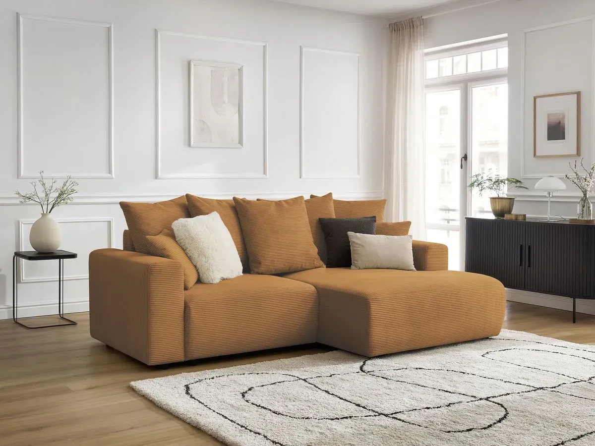 Canapé d'angle convertible coffre ATILLA velours côtelé jaune  angle droit BOBOCHIC 3 places