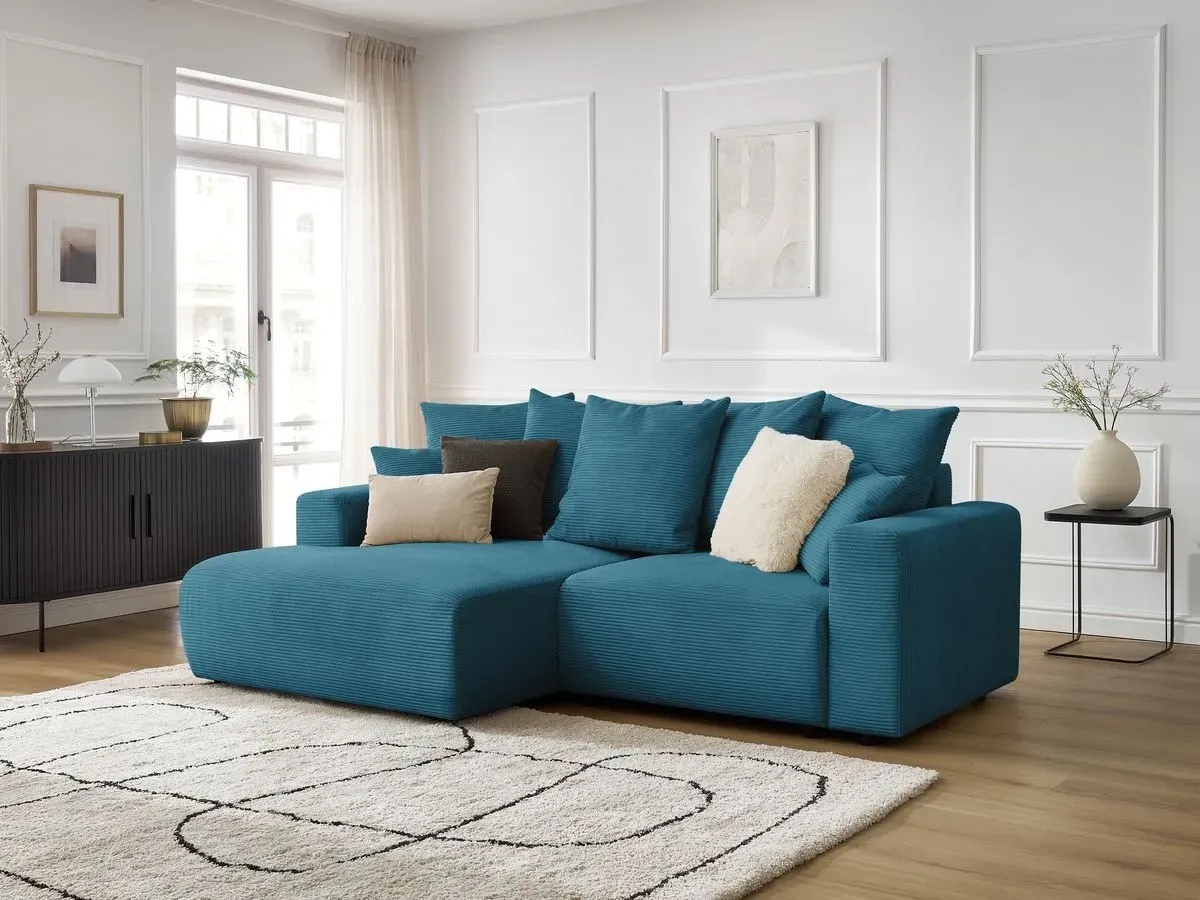 Canapé d'angle convertible coffre ATILLA velours côtelé bleu clair  angle gauche BOBOCHIC 3 places