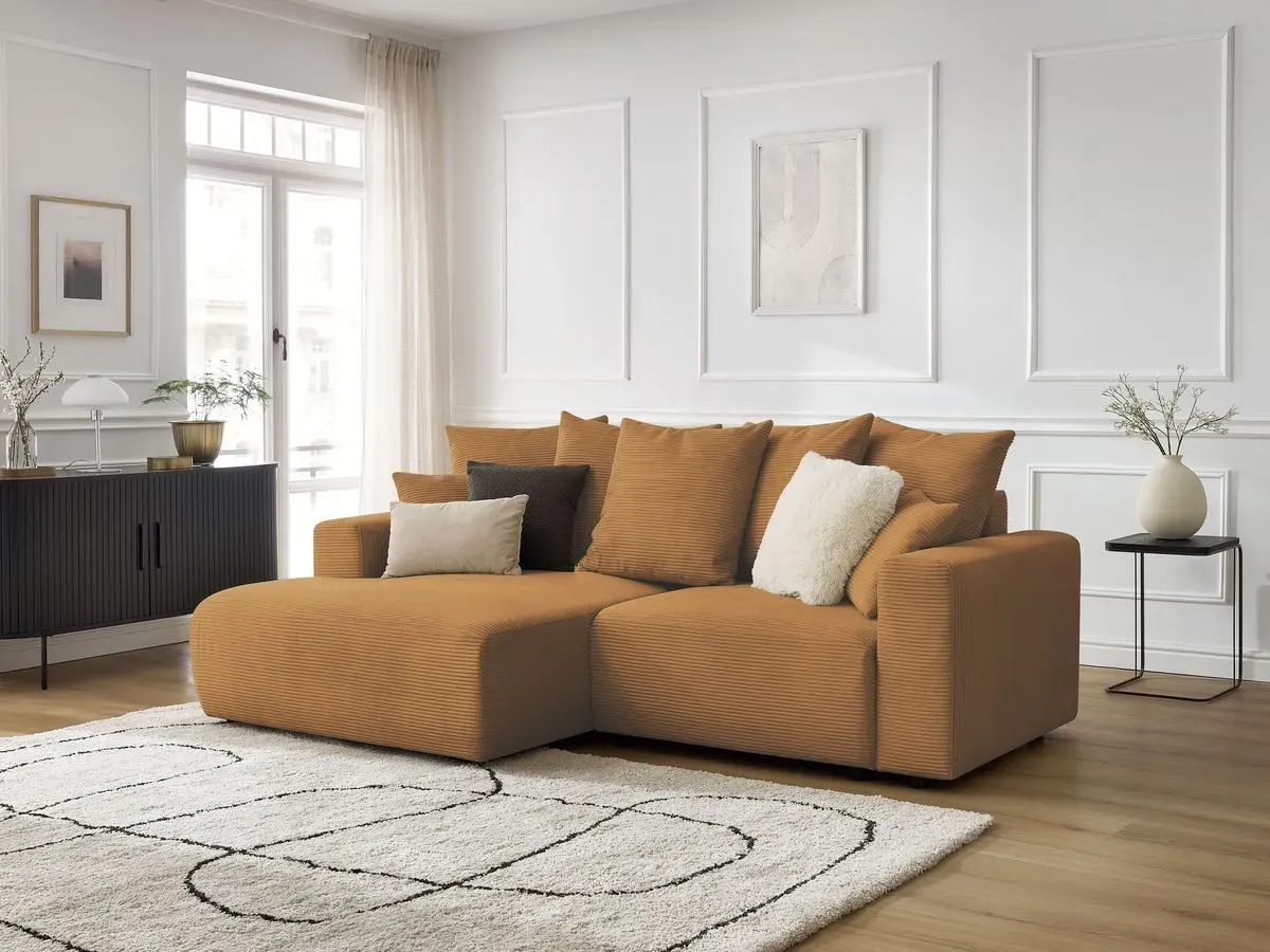 Canapé d'angle convertible coffre ATILLA velours côtelé jaune  angle gauche BOBOCHIC 3 places