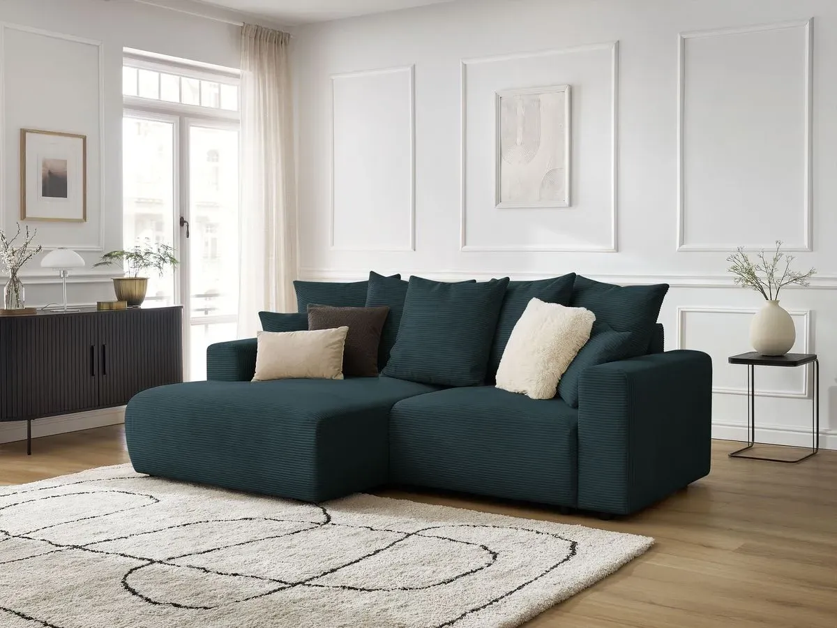 Canapé d'angle convertible coffre ATILLA velours côtelé bleu foncé  angle gauche BOBOCHIC 3 places
