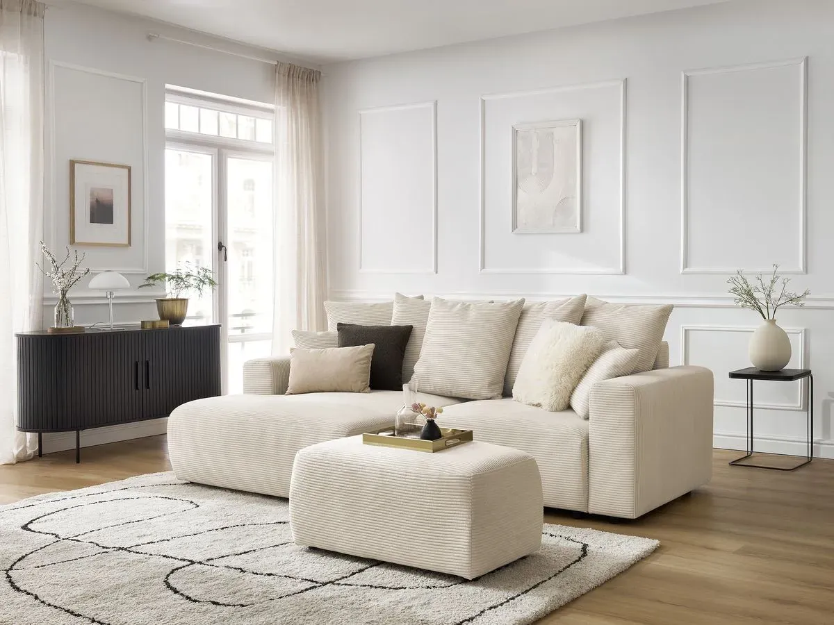 Canapé d'angle convertible coffre ATILLA velours côtelé avec pouf beige  angle gauche BOBOCHIC 4 places