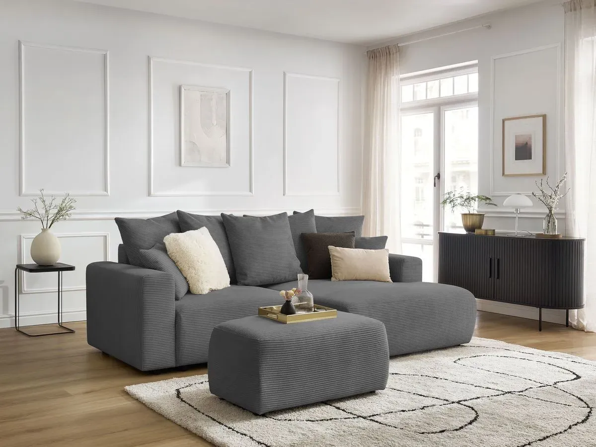 Canapé d'angle convertible coffre ATILLA velours côtelé avec pouf gris foncé  angle droit BOBOCHIC 4 places