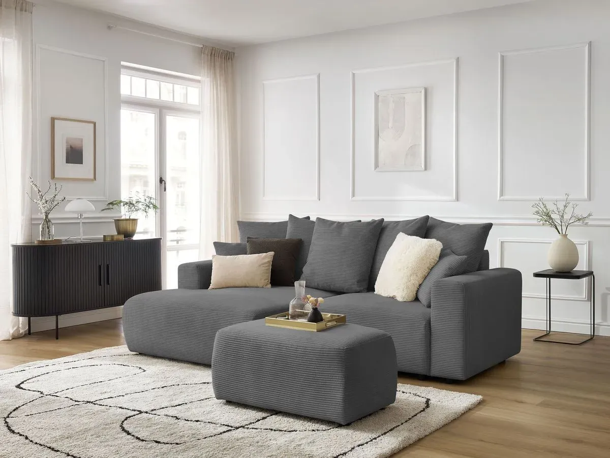 Canapé d'angle convertible coffre ATILLA velours côtelé avec pouf gris foncé  angle gauche BOBOCHIC 4 places