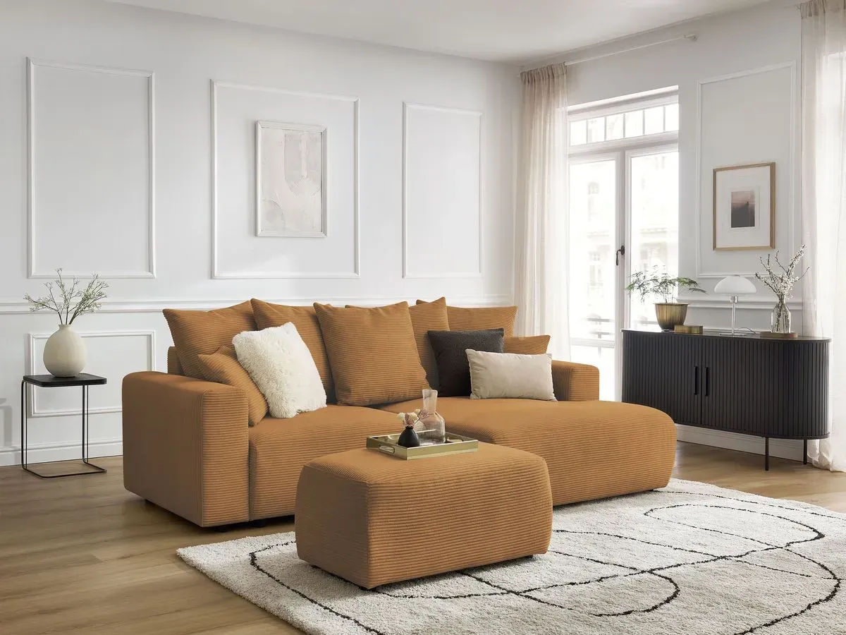 Canapé d'angle convertible coffre ATILLA velours côtelé avec pouf jaune  angle droit BOBOCHIC 4 places