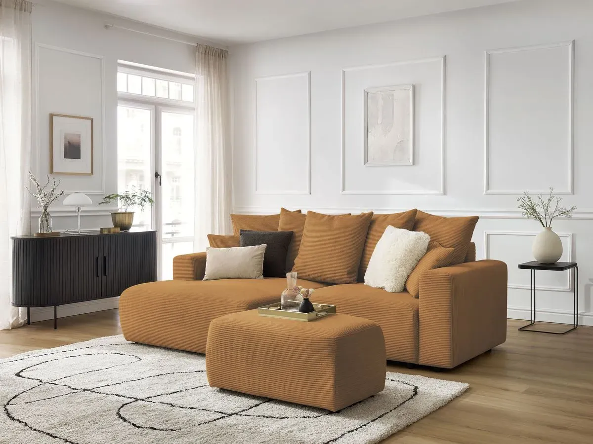 Canapé d'angle convertible coffre ATILLA velours côtelé avec pouf jaune  angle gauche BOBOCHIC 4 places