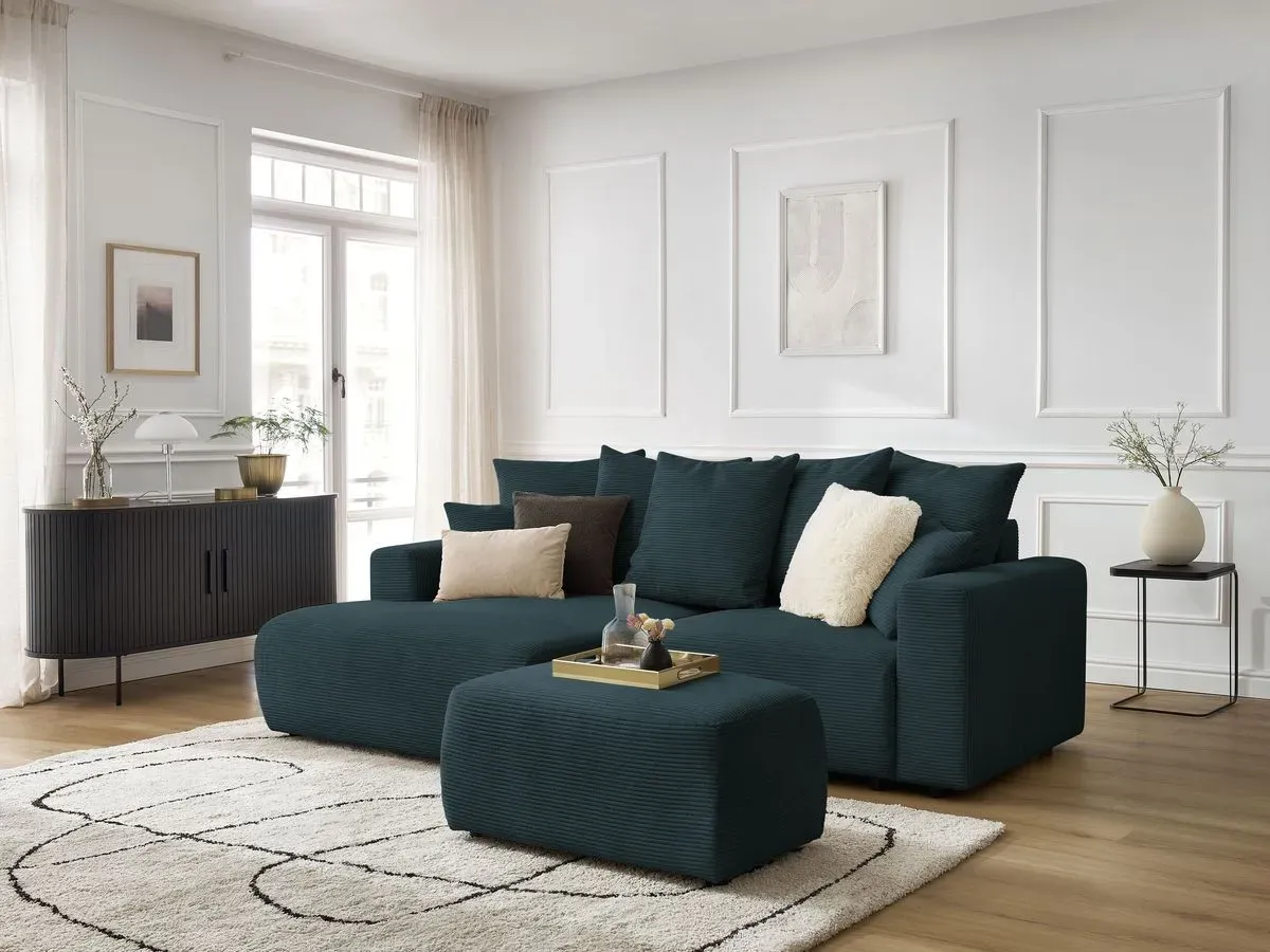 Canapé d'angle convertible coffre ATILLA velours côtelé avec pouf bleu foncé  angle gauche BOBOCHIC 4 places