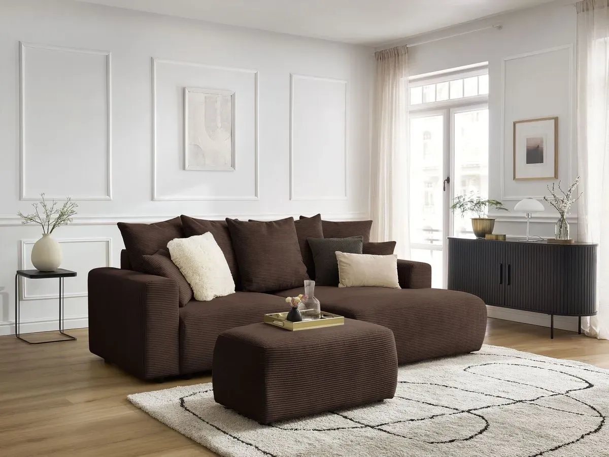 Canapé d'angle convertible coffre ATILLA velours côtelé avec pouf marron  angle droit BOBOCHIC 4 places