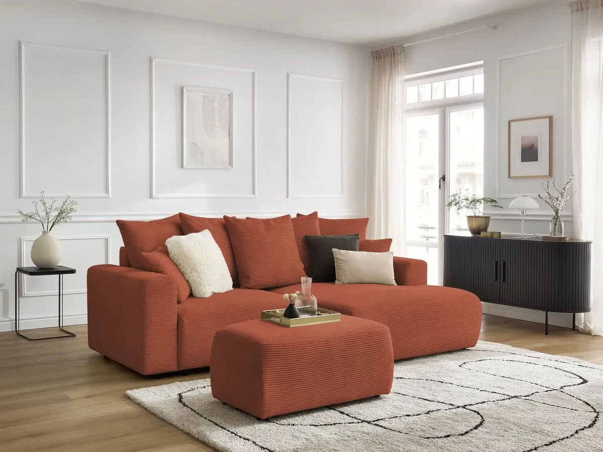 Canapé d'angle convertible coffre ATILLA velours côtelé avec pouf orange  angle droit BOBOCHIC 4 places