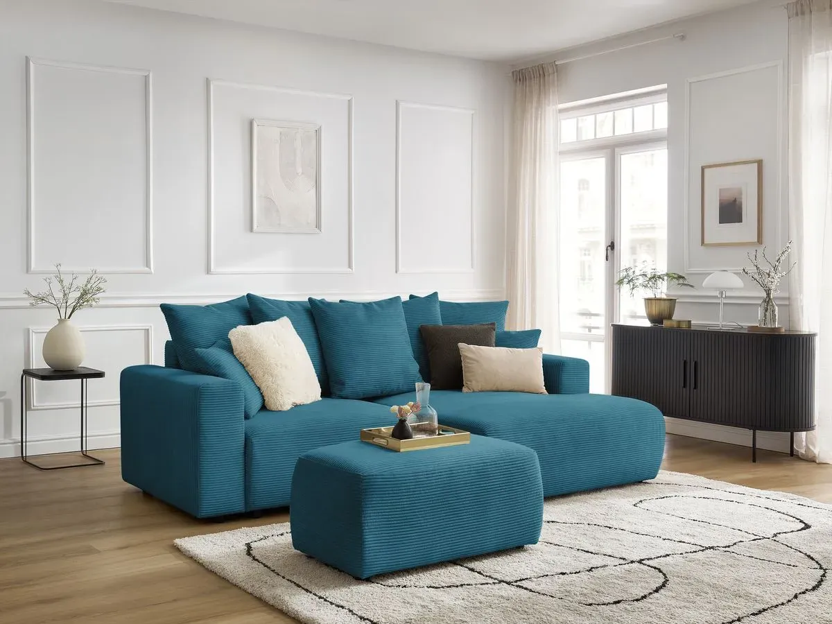 Canapé d'angle convertible coffre ATILLA velours côtelé avec pouf bleu clair  angle droit BOBOCHIC 4 places