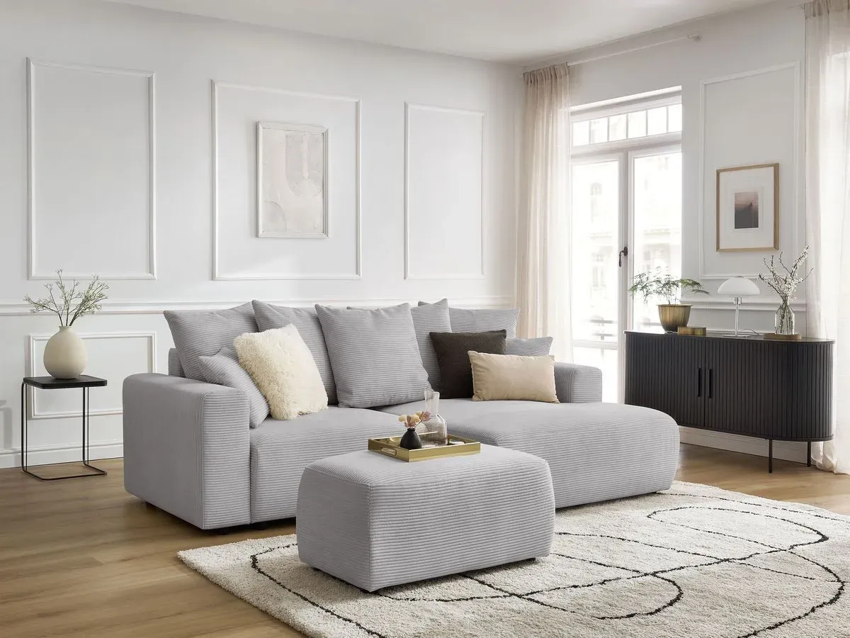 Canapé d'angle convertible coffre ATILLA velours côtelé avec pouf gris clair  angle droit BOBOCHIC 4 places