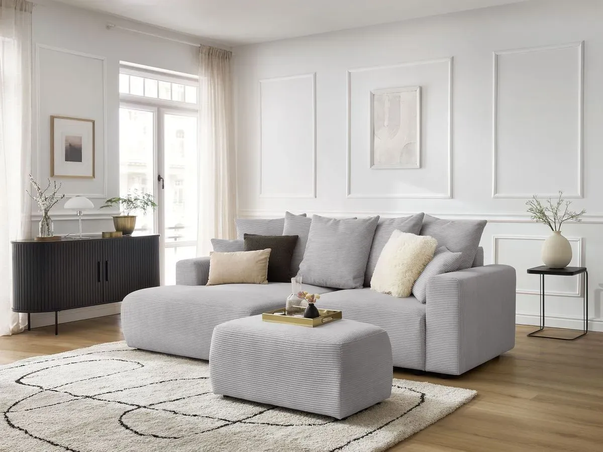 Canapé d'angle convertible coffre ATILLA velours côtelé avec pouf gris clair  angle gauche BOBOCHIC 4 places