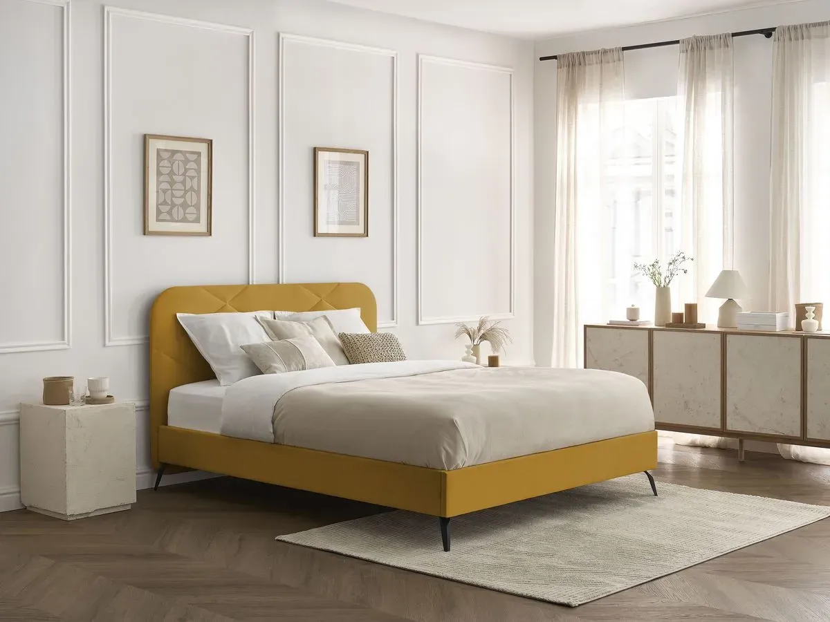 Lit PRUNE avec lattes massives tissu velours jaune 140x190  BOBOCHIC