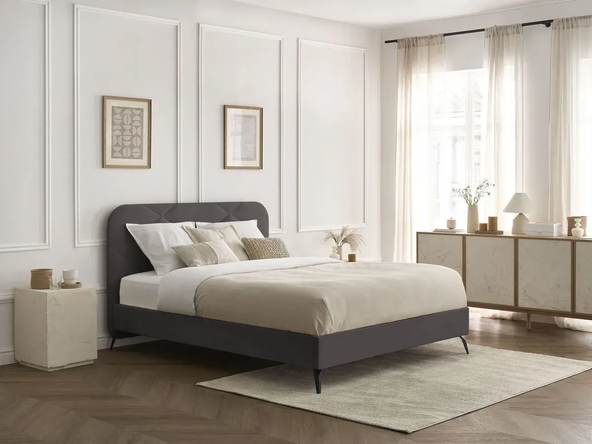 Lit PRUNE avec lattes massives tissu velours gris foncé 180x200  BOBOCHIC