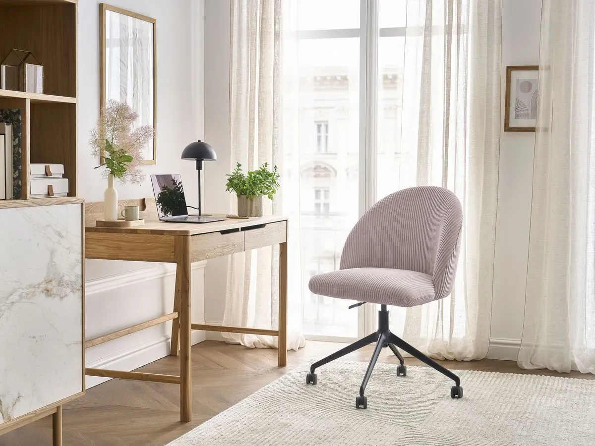 Chaise de bureau LALIE tissu velours côtelé et pietement à roulettes avec hauteur ajustable rose   BOBOCHIC