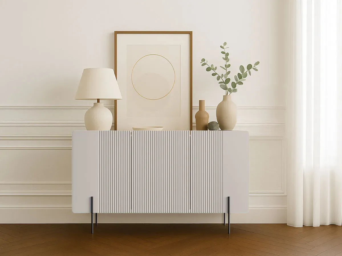 Buffet 3 portes 150 cm MATHILDE plateau effet marbre et pieds noirs beige   BOBOCHIC