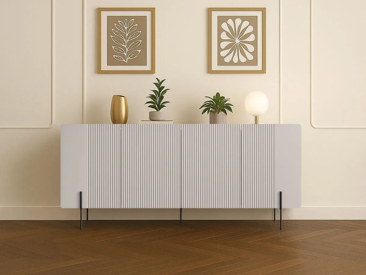 Buffet 4 portes 200 cm MATHILDE plateau effet marbre et pieds noir beige   BOBOCHIC