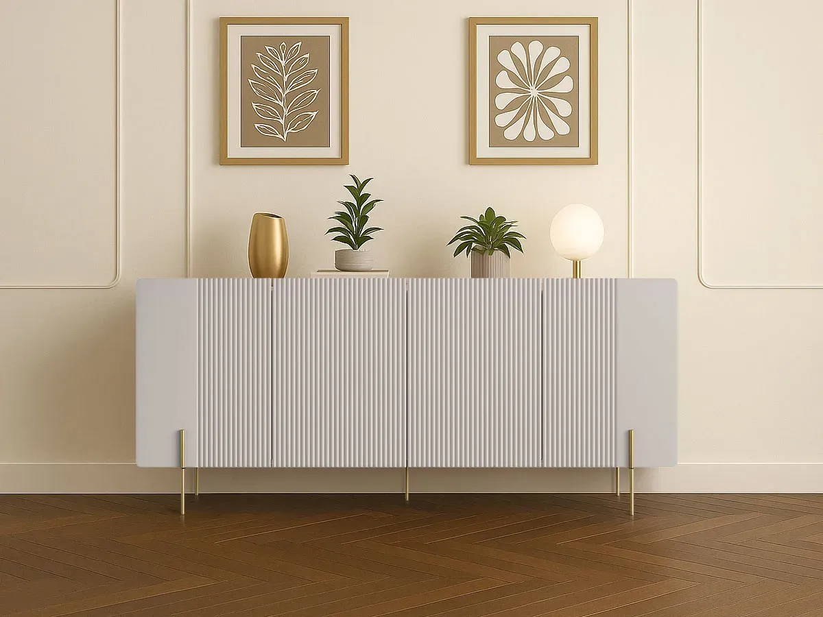 Buffet 4 portes 200 cm MATHILDE plateau effet marbre et pieds or beige   BOBOCHIC