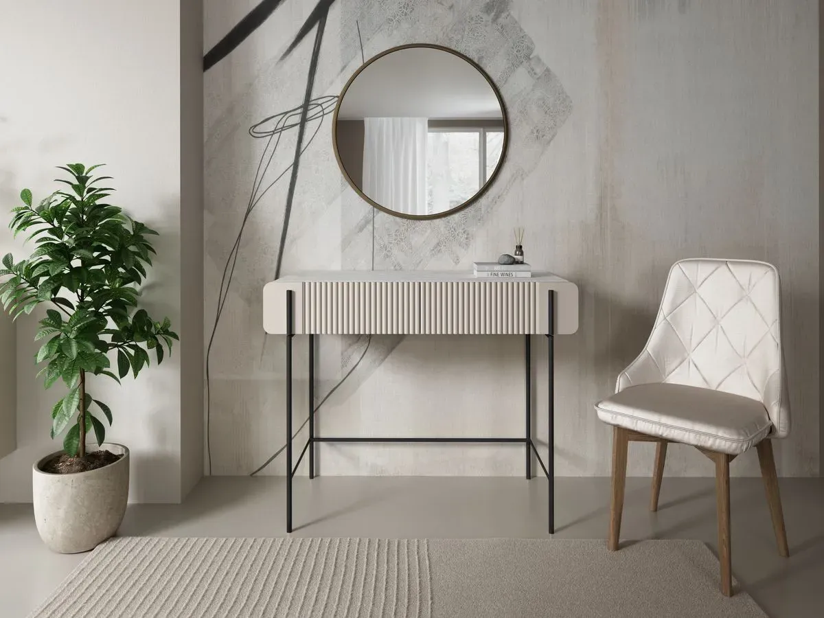 Console 2 tiroirs 100 cm MATHILDE plateau effet marbre et pieds noir beige   BOBOCHIC