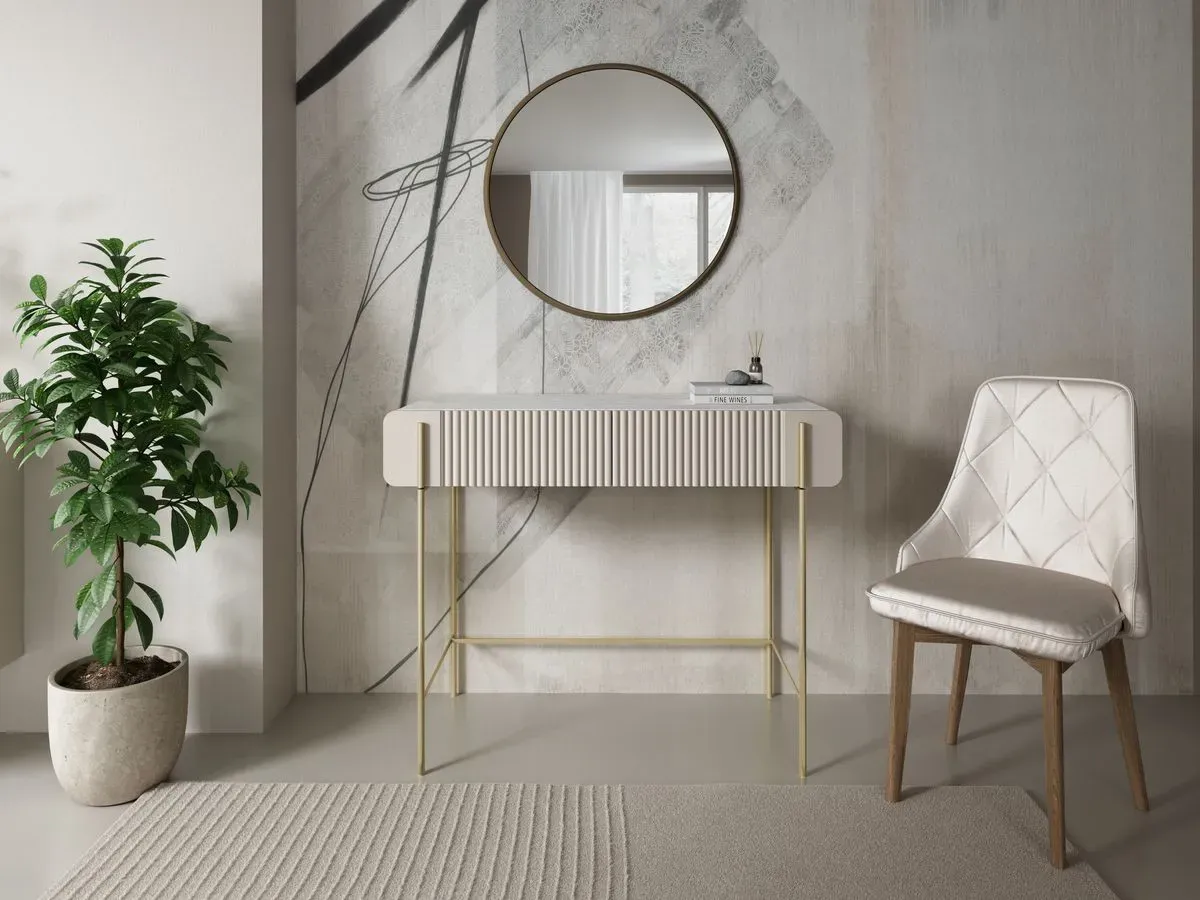 Console 2 tiroirs 100 cm MATHILDE plateau effet marbre et pieds or beige   BOBOCHIC