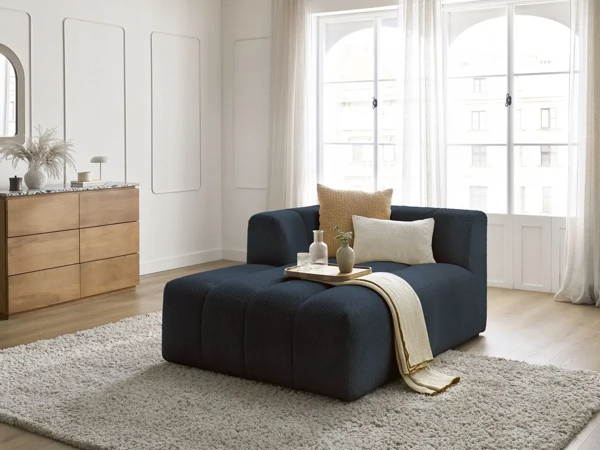 Méridienne pour canapé modulable ANNECY tissu bouclette bleu foncé  angle gauche BOBOCHIC