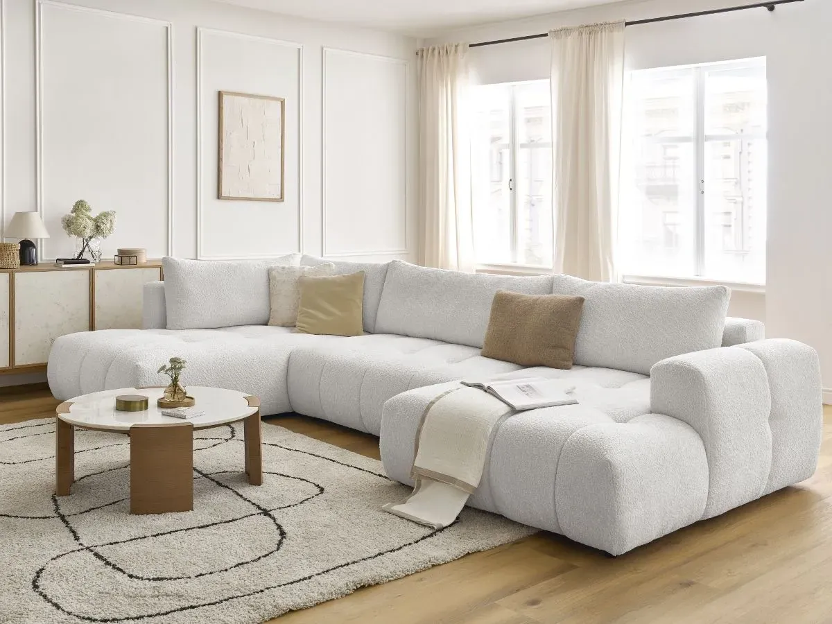 Canapé panoramique convertible FUJI tissu bouclette blanc  angle droit BOBOCHIC 5 places