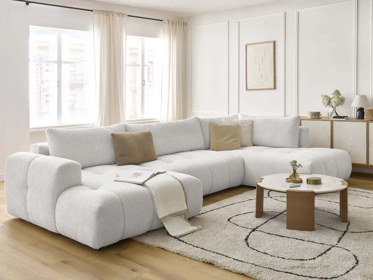 Canapé panoramique convertible FUJI tissu bouclette blanc  angle gauche BOBOCHIC 5 places