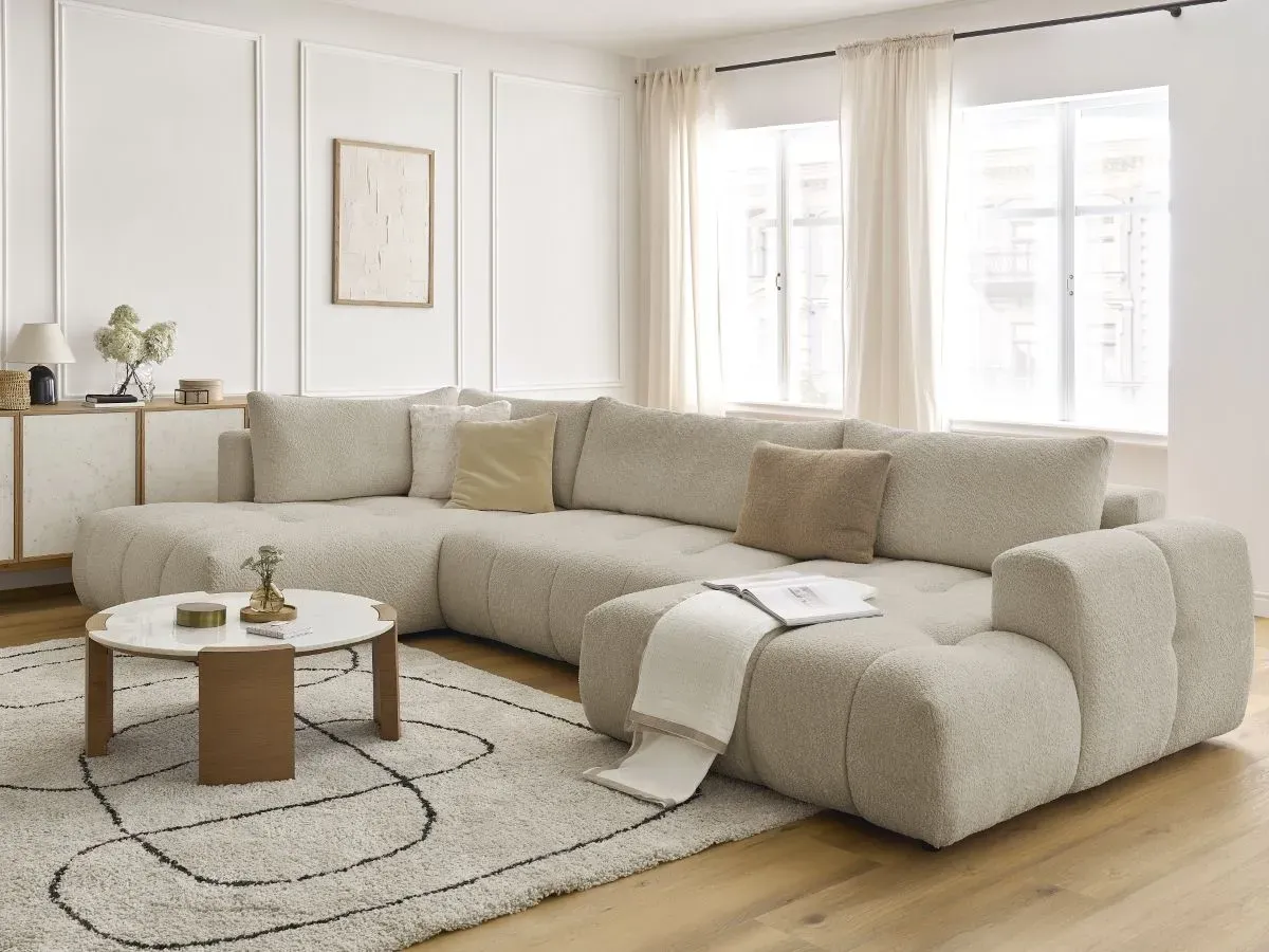 Canapé panoramique convertible FUJI tissu bouclette beige  angle droit BOBOCHIC 5 places