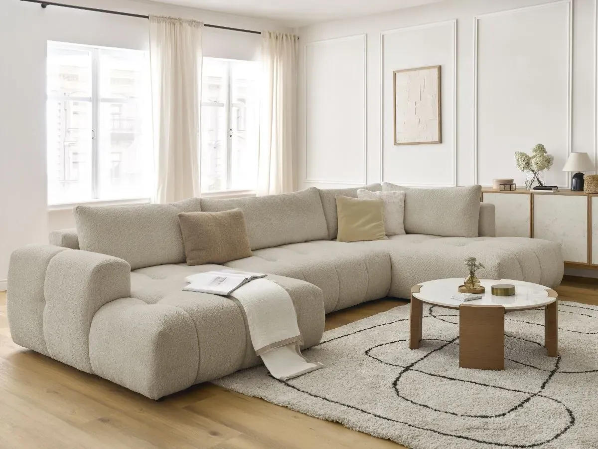 Canapé panoramique convertible FUJI tissu bouclette beige  angle gauche BOBOCHIC 5 places