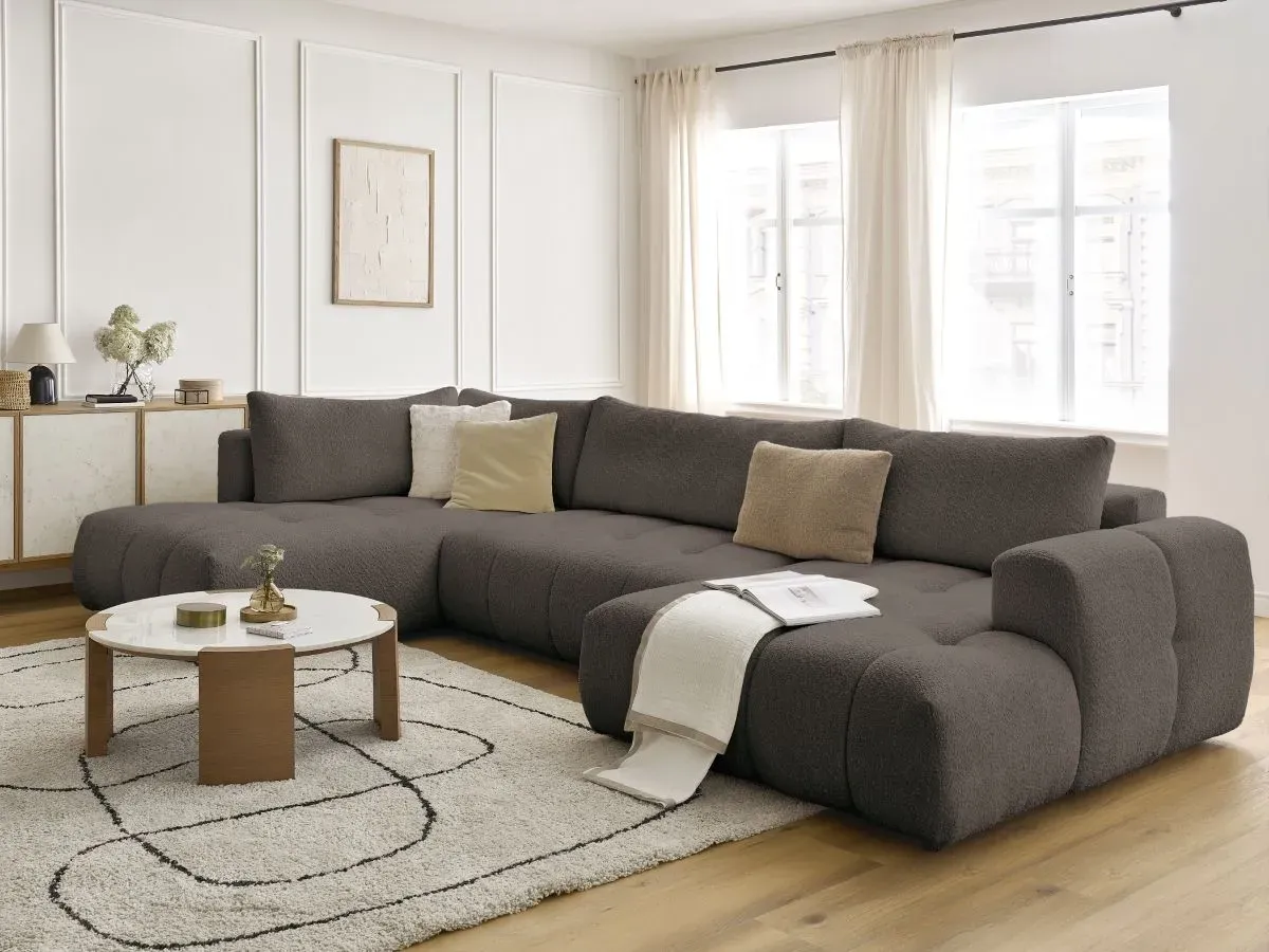 Canapé panoramique convertible FUJI tissu bouclette marron  angle droit BOBOCHIC 5 places