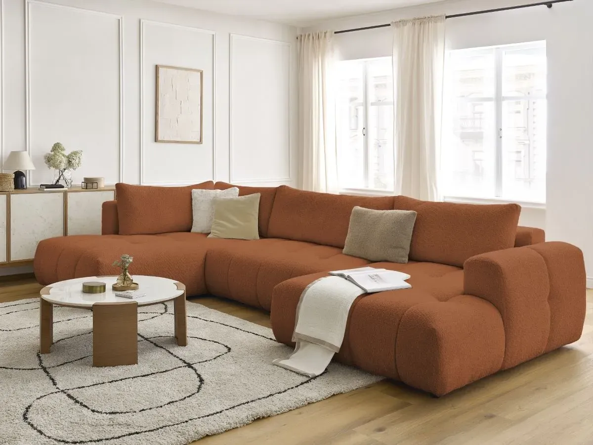 Canapé panoramique convertible FUJI tissu bouclette orange  angle droit BOBOCHIC 5 places