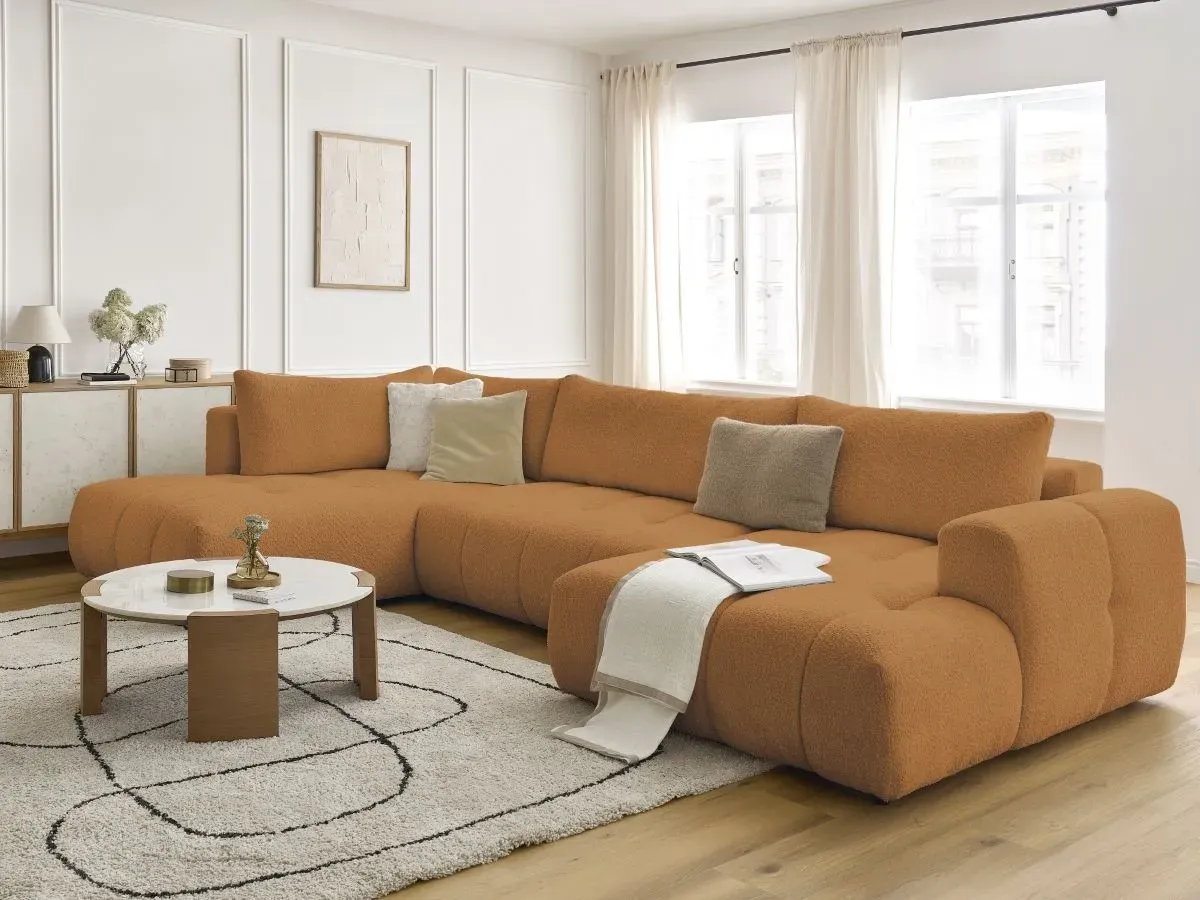 Canapé panoramique convertible FUJI tissu bouclette jaune  angle droit BOBOCHIC 5 places