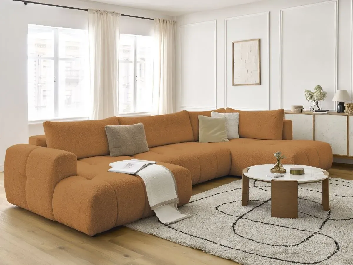 Canapé panoramique convertible FUJI tissu bouclette jaune  angle gauche BOBOCHIC 5 places