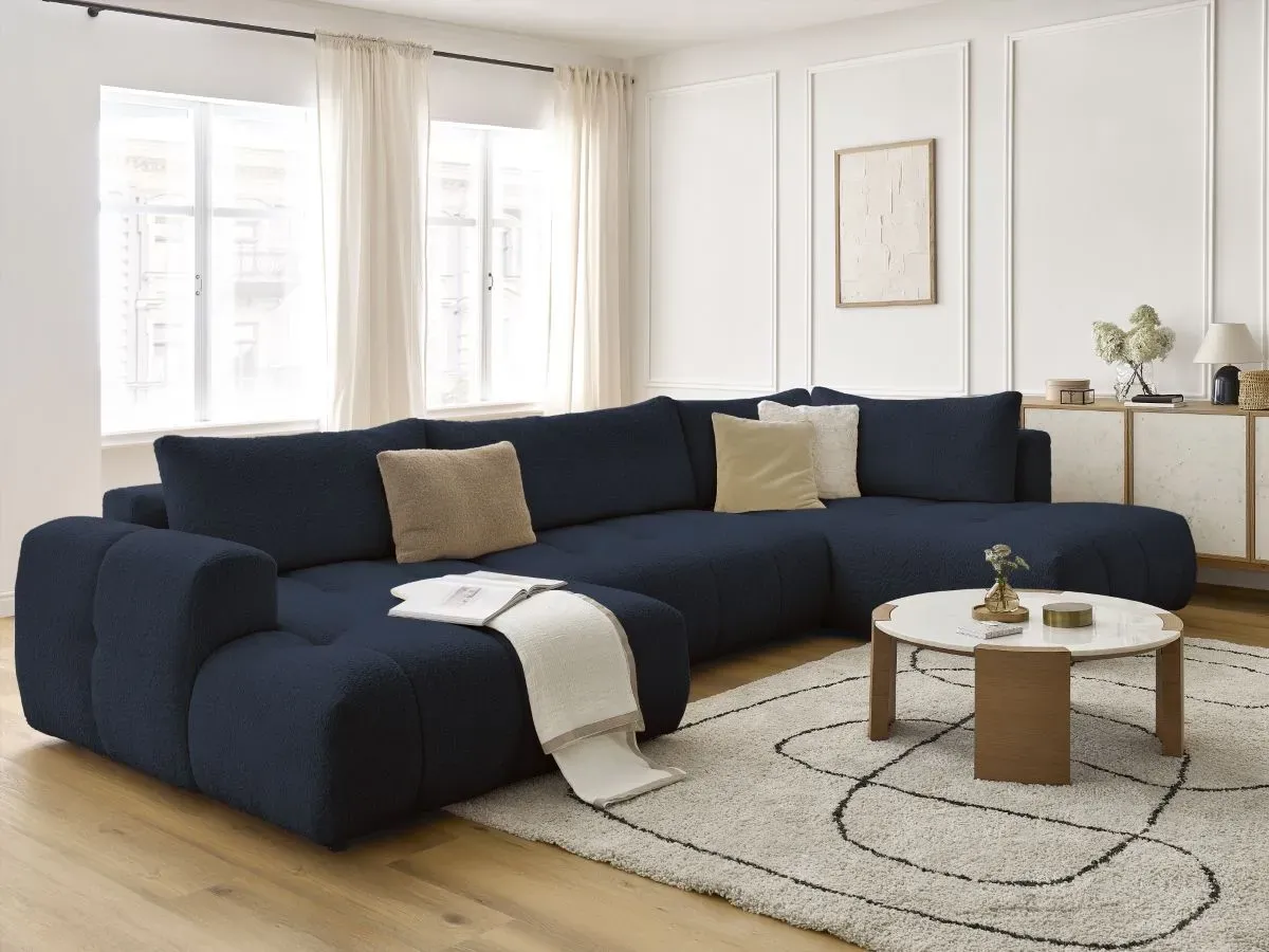 Canapé panoramique convertible FUJI tissu bouclette bleu foncé  angle gauche BOBOCHIC 5 places