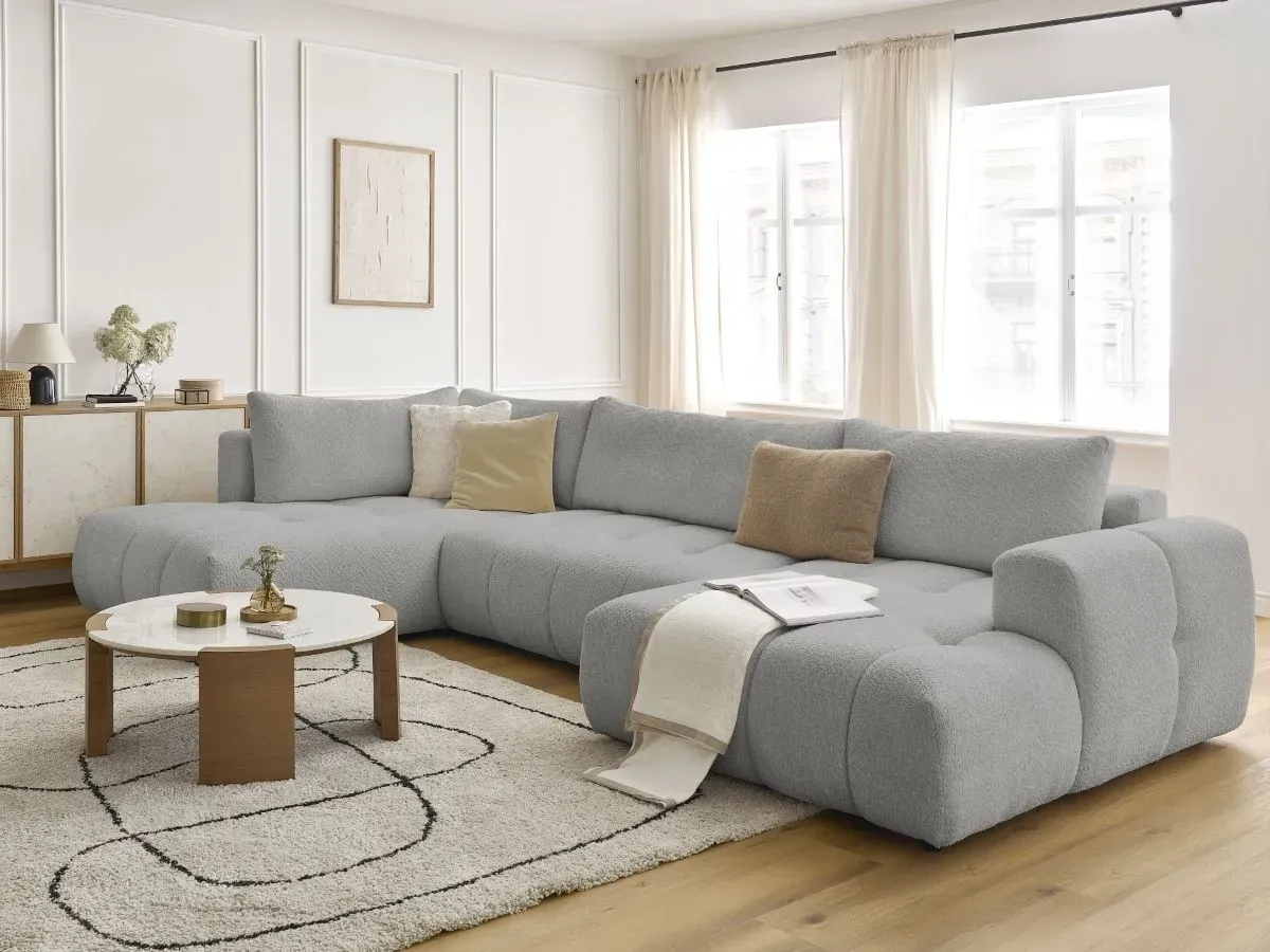 Canapé panoramique convertible FUJI tissu bouclette gris clair  angle droit BOBOCHIC 5 places