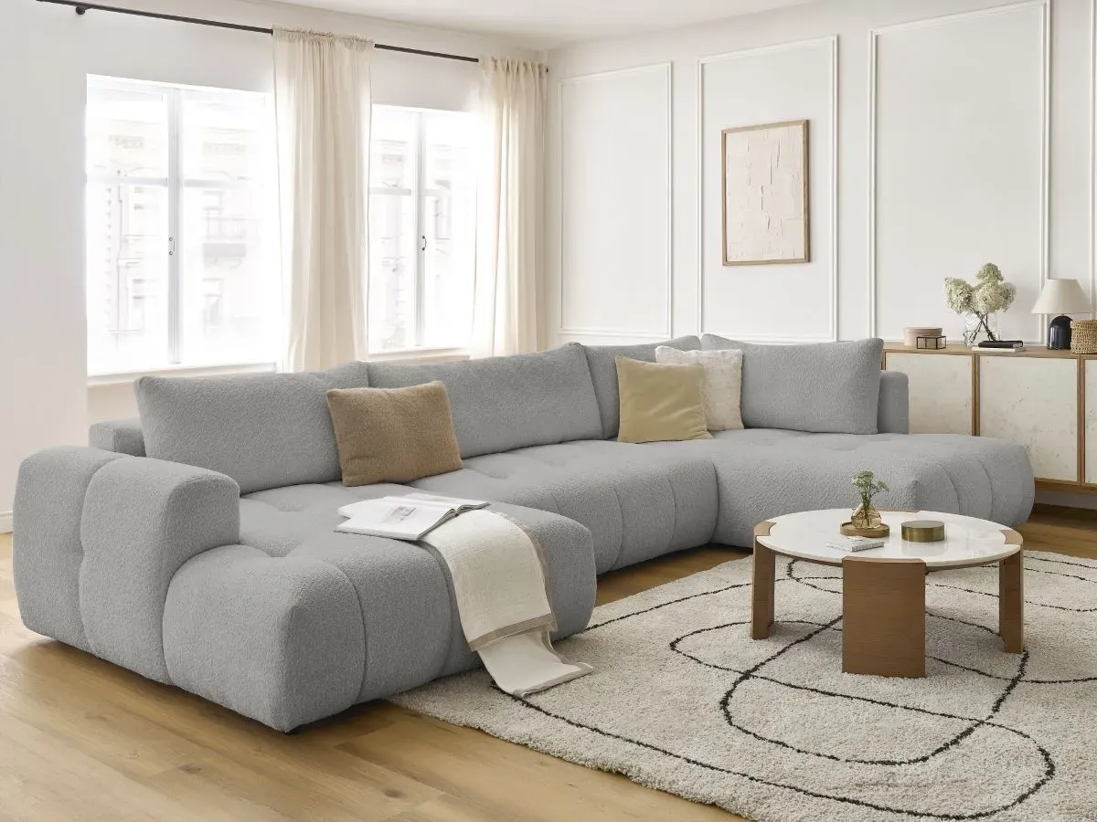 Canapé panoramique convertible FUJI tissu bouclette gris clair  angle gauche BOBOCHIC 5 places
